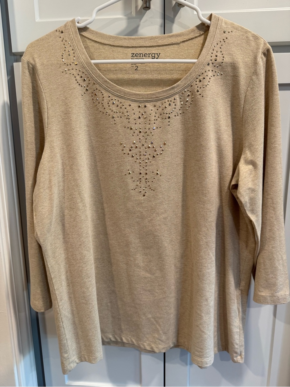 Zenergy by Chico's Beige Long Sleeve Scoop Neck Top Chicos 2 Size Large